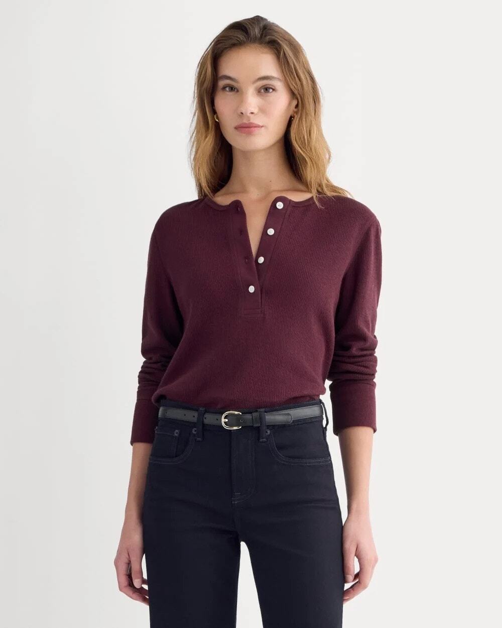 NWT Everlane Boxy Long-Sleeve Cozy Waffle Thermal Henley Heathered Port Medium